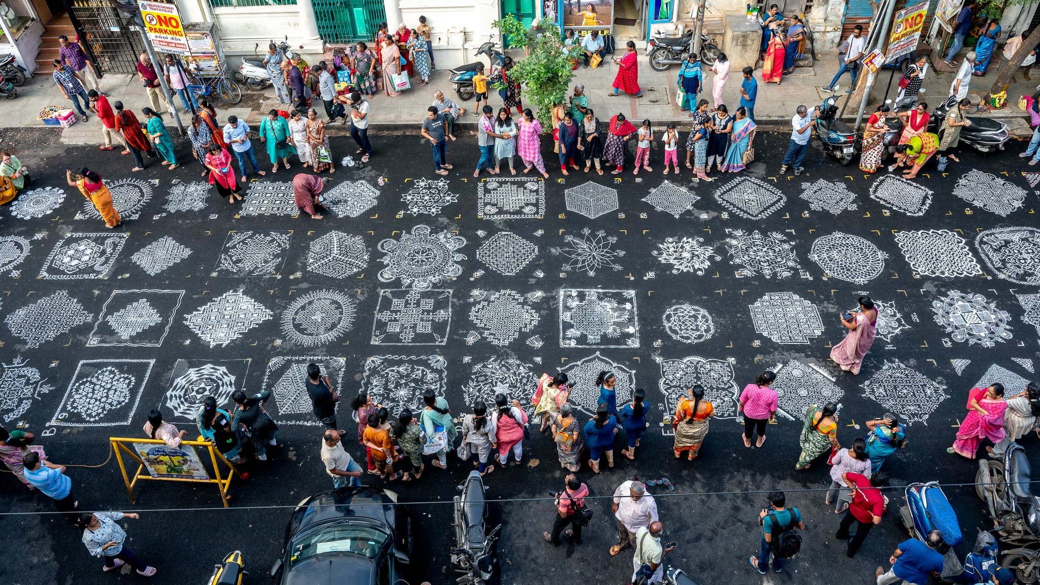Mylapore Kolam Festival - Aerial view of colorful kolam patterns